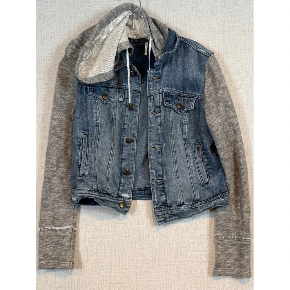 Free People Mixed Media Hooded Denim Jacket Blue Trucker Jacket •S• Boho Shacket - Picture 2 of 10